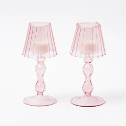 Mrs. Alice Pagodas & Lanterns|Pink Glass Lantern Tea Light Holder (Pair) - 18Cm