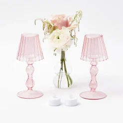 Mrs. Alice Pagodas & Lanterns|Pink Glass Lantern Tea Light Holder (Pair) - 18Cm