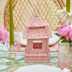 Mrs. Alice Candle Holders|Pink Rattan Pagoda Lantern Set