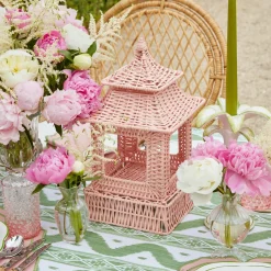 Mrs. Alice Rattan Tableware|Pink Rattan Pagoda Lantern Set