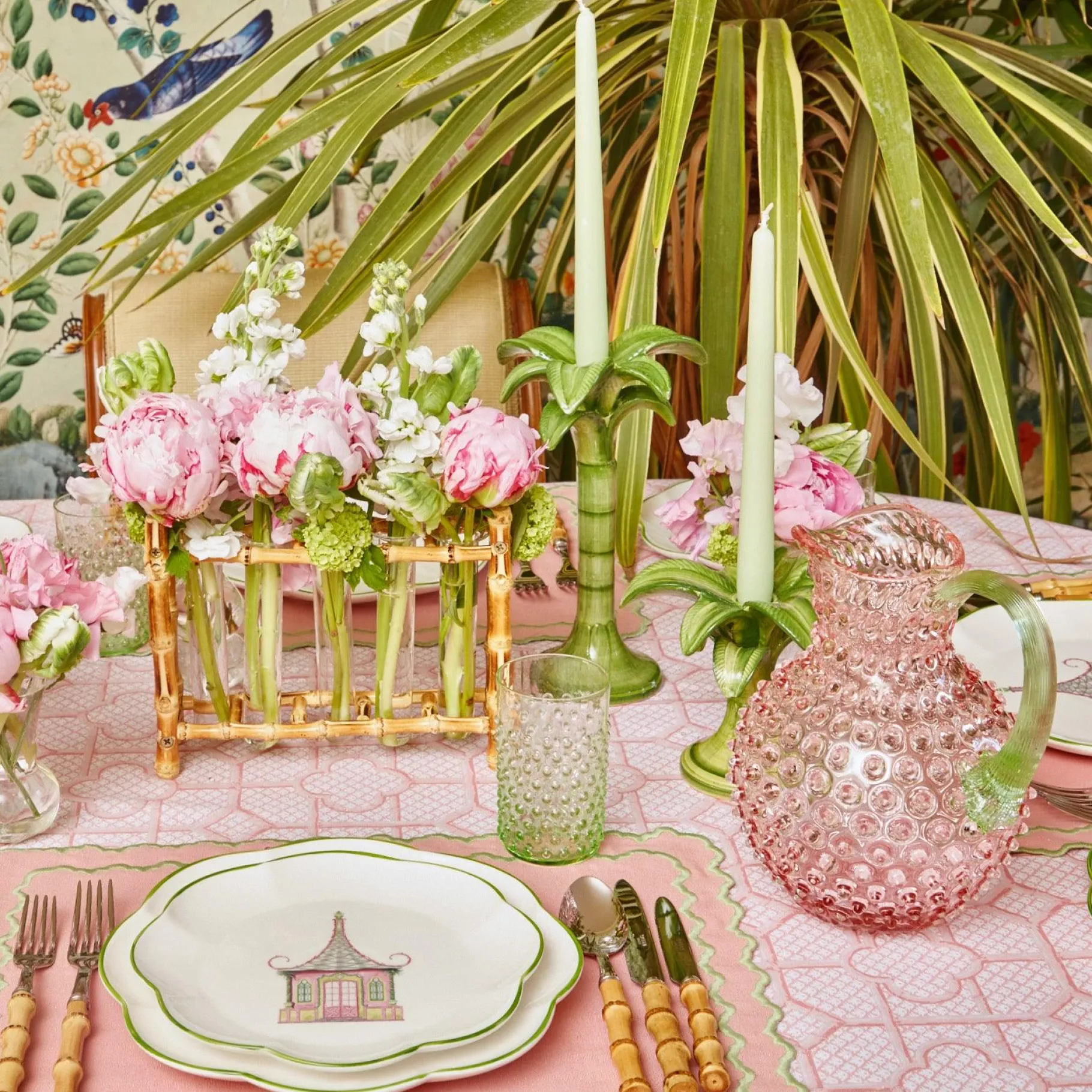 Mrs. Alice Glassware Sets|Rose Hobnail Jug With Emerald Handle