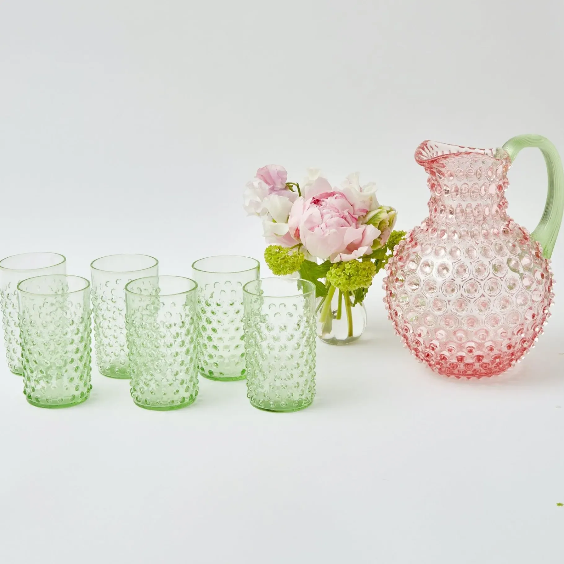 Mrs. Alice Glassware Sets|Rose Hobnail Jug With Emerald Handle