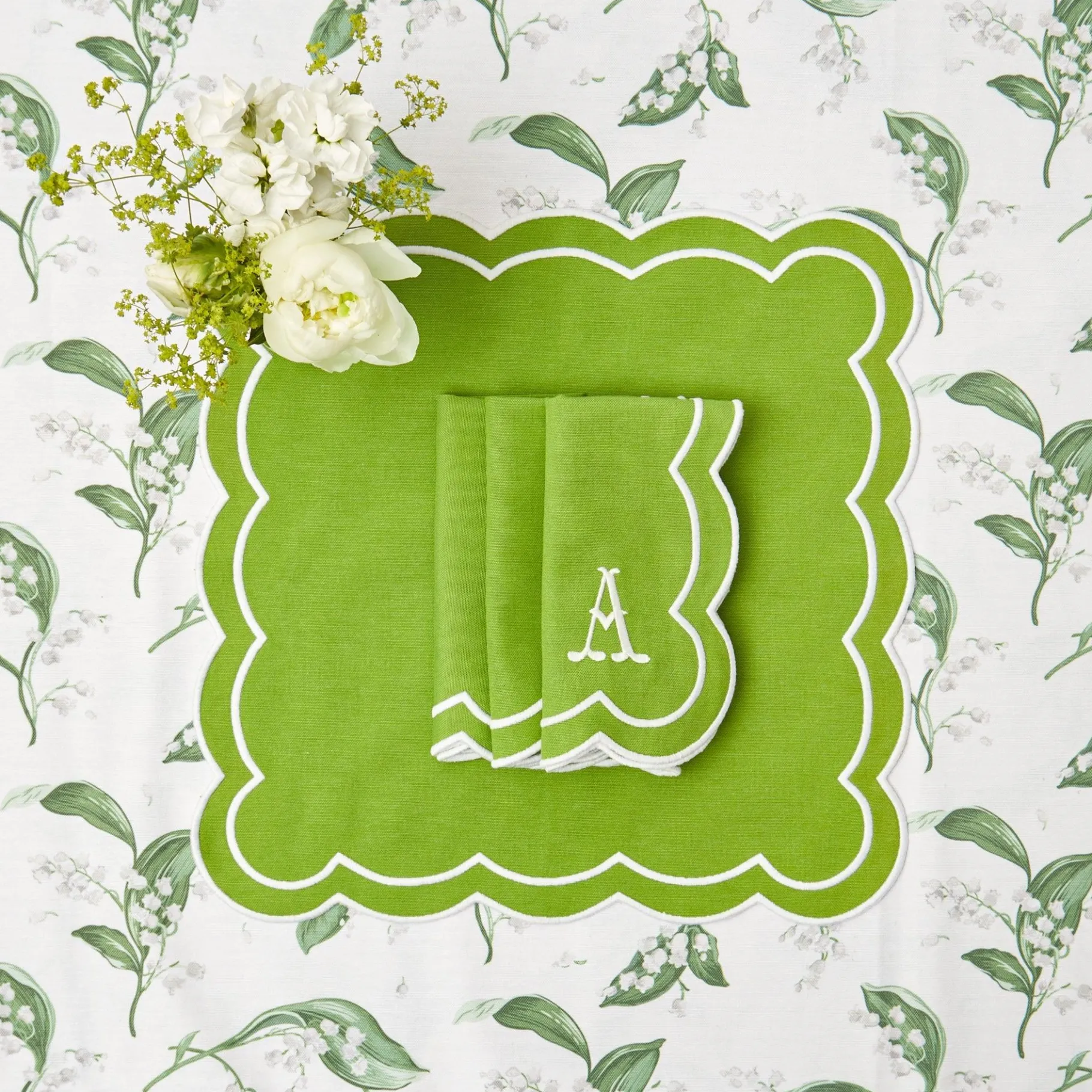 Mrs. Alice Table Linen Sets|Serena Applique Green Placemats & Napkins (Set Of 4)