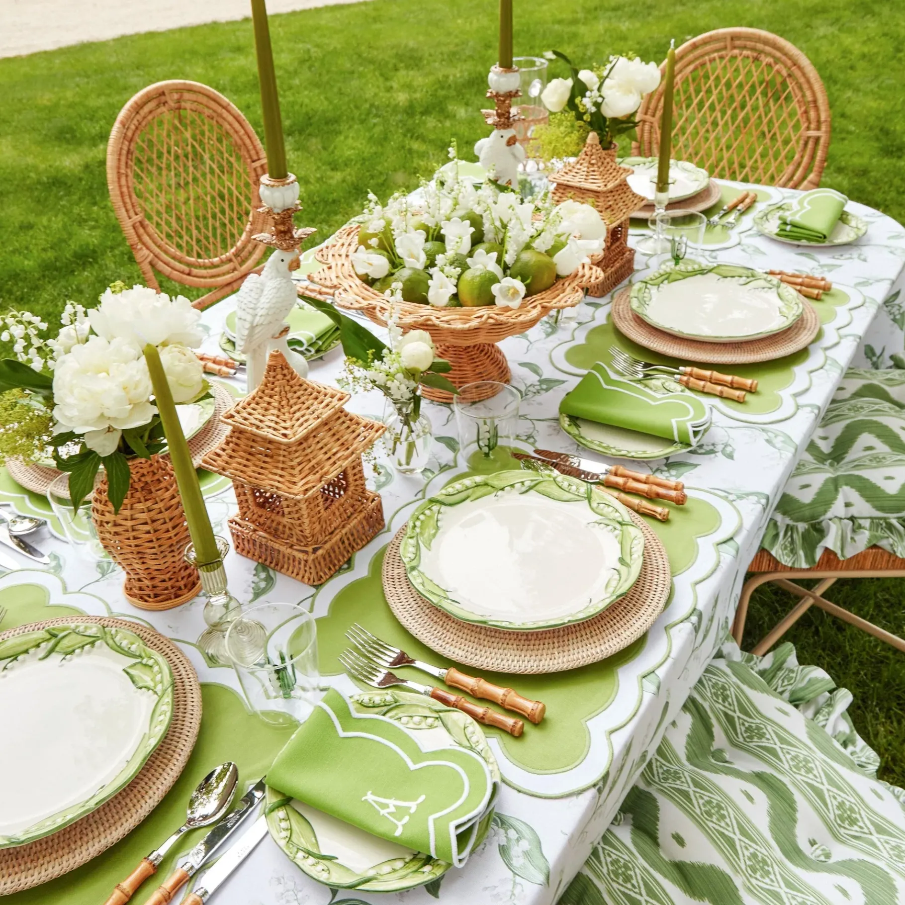 Mrs. Alice Table Linen Sets|Serena Applique Green Placemats & Napkins (Set Of 4)