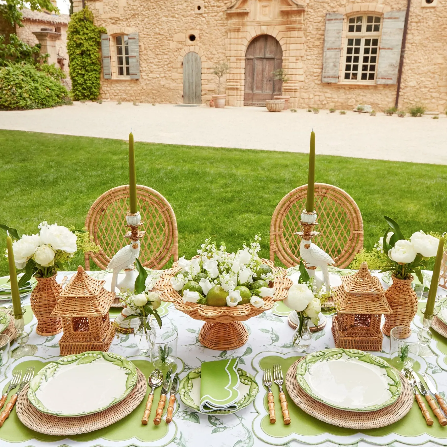 Mrs. Alice Table Linen Sets|Serena Applique Green Placemats & Napkins (Set Of 4)