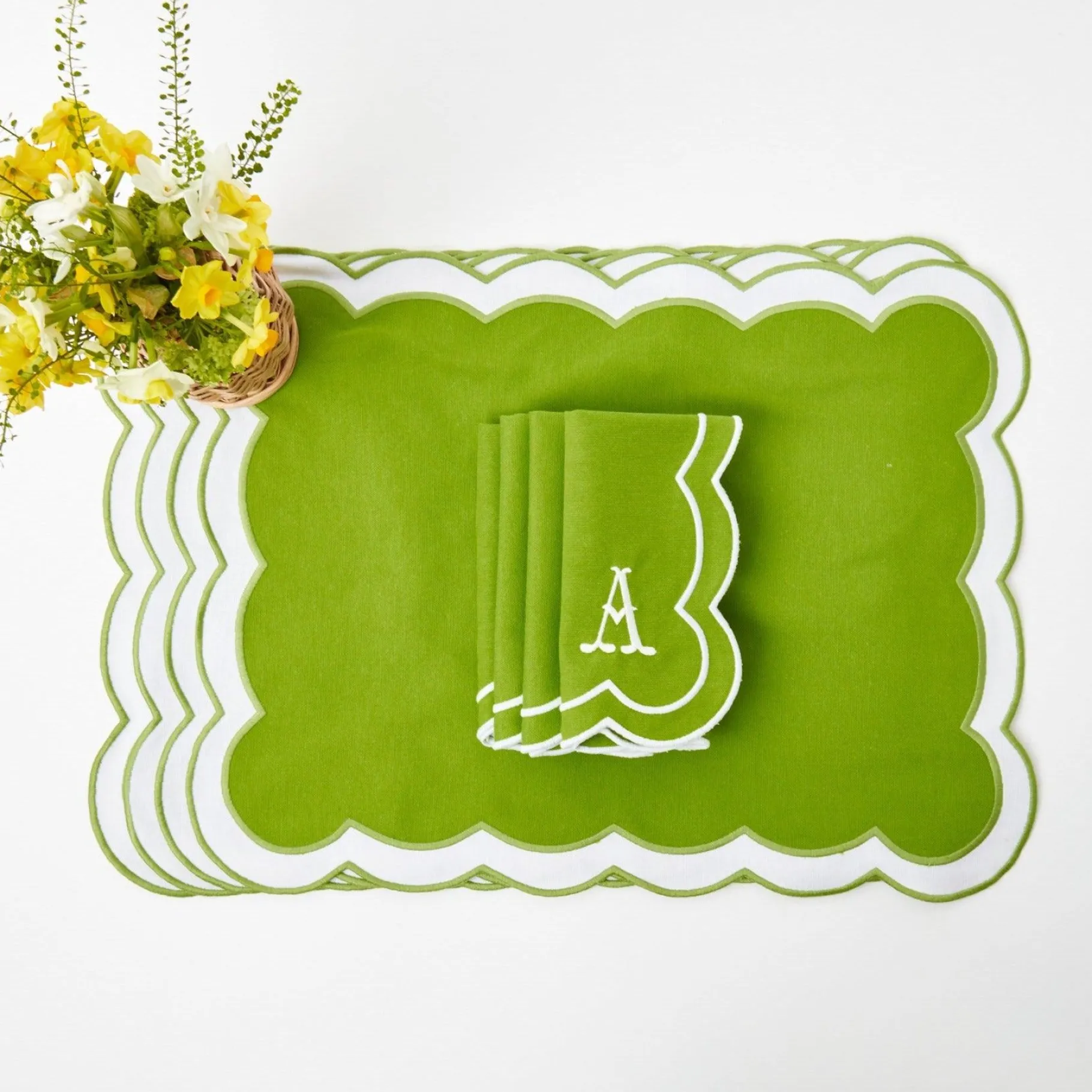 Mrs. Alice Table Linen Sets|Serena Applique Green Placemats & Napkins (Set Of 4)