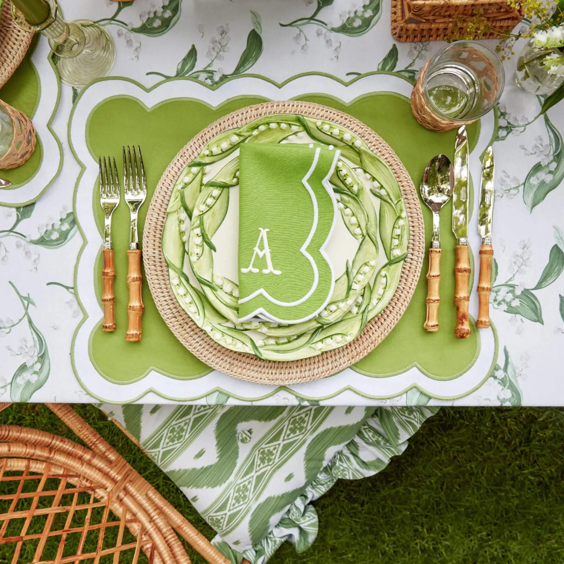 Mrs. Alice Table Linen Sets|Serena Applique Green Placemats & Napkins (Set Of 4)