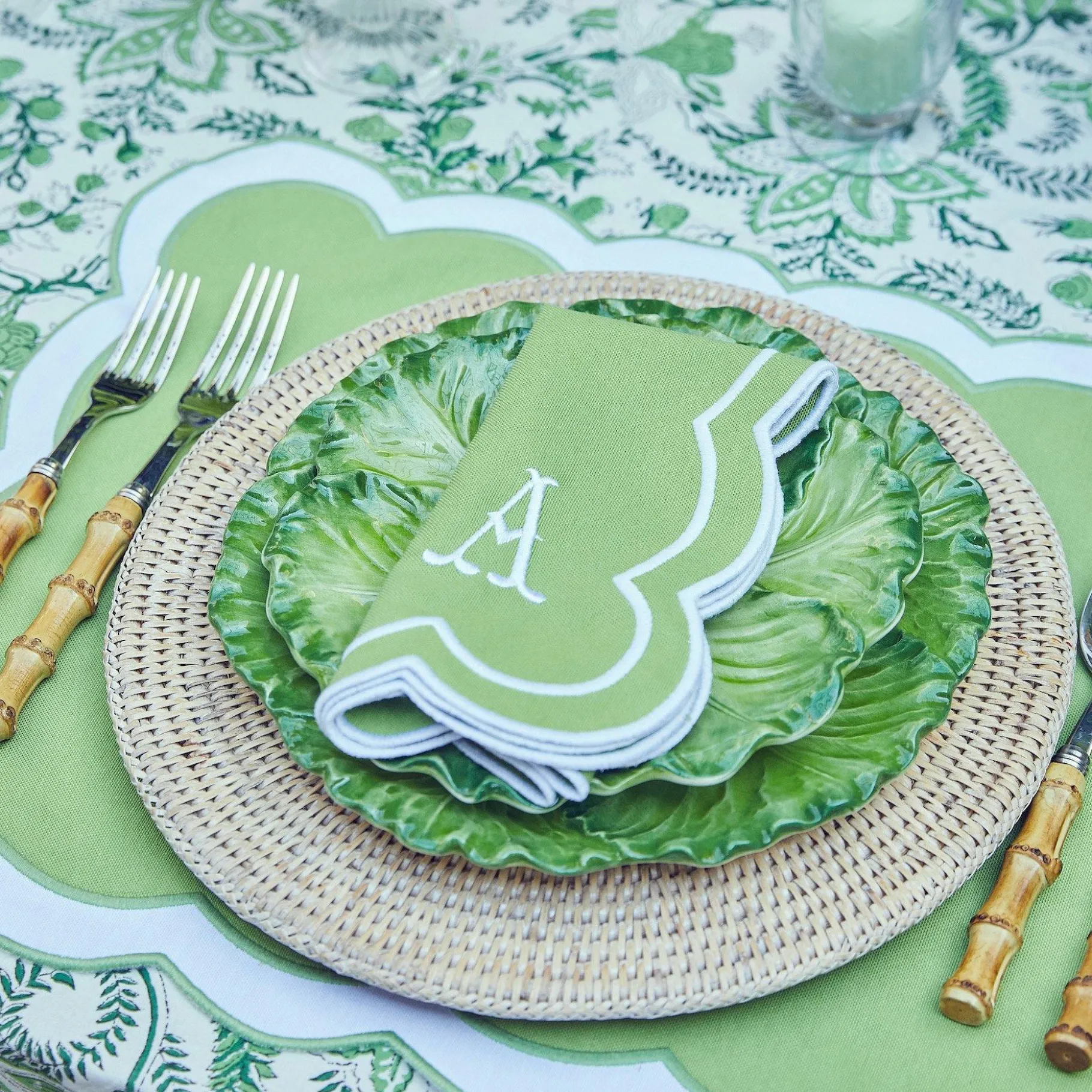 Mrs. Alice Table Linen Sets|Serena Applique Green Placemats & Napkins (Set Of 4)
