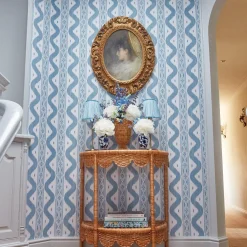 Mrs. Alice Lamps & Lighting|Tall Rechargeable Lamp With Baby Blue Lotus Lampshade