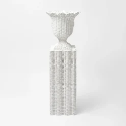 Mrs. Alice Rattan Furniture|White Liliana Scalloped Rattan Pedestal And Urn