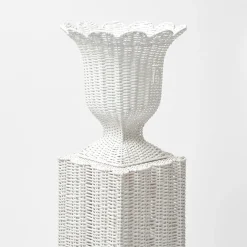 Mrs. Alice Rattan Furniture|White Liliana Scalloped Rattan Pedestal And Urn
