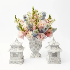 Mrs. Alice Candle Holders|White Rattan Pagoda & Urn Vase Set