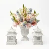 Mrs. Alice Urns & Pedestals|White Rattan Pagoda & Urn Vase Set