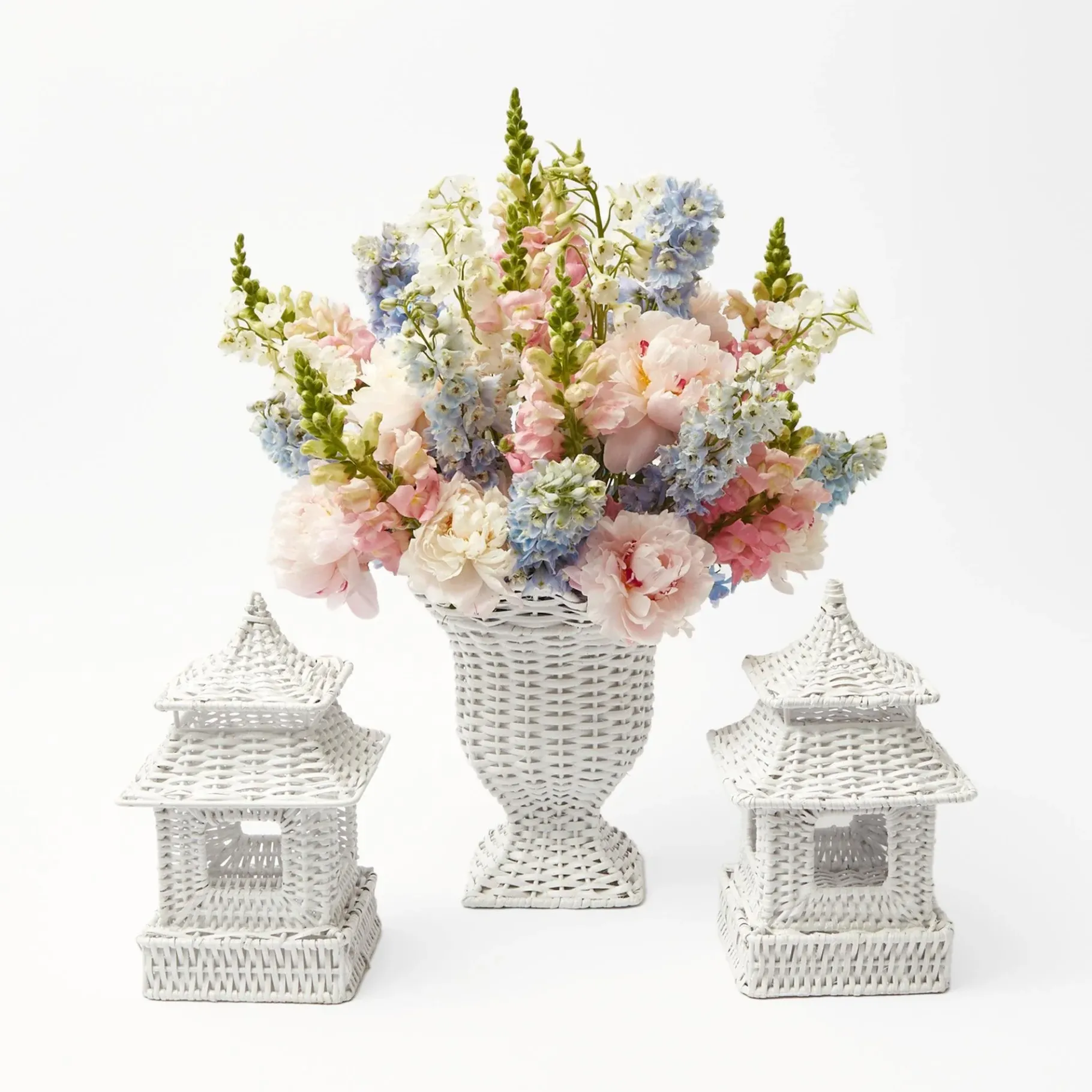 Mrs. Alice Urns & Pedestals|White Rattan Pagoda & Urn Vase Set