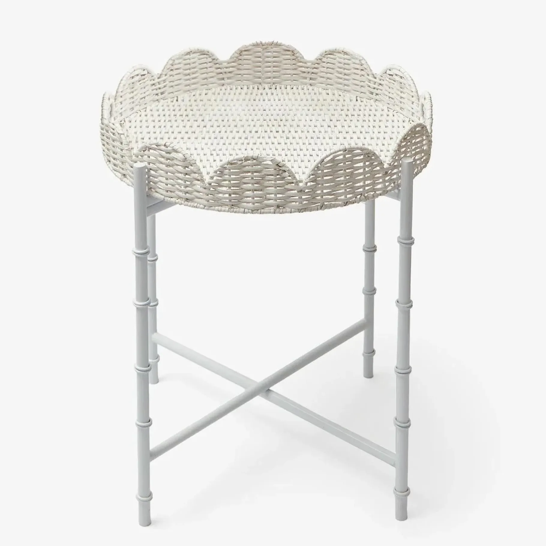 Mrs. Alice Rattan Furniture|White Rattan Round Scalloped Tray With Stand