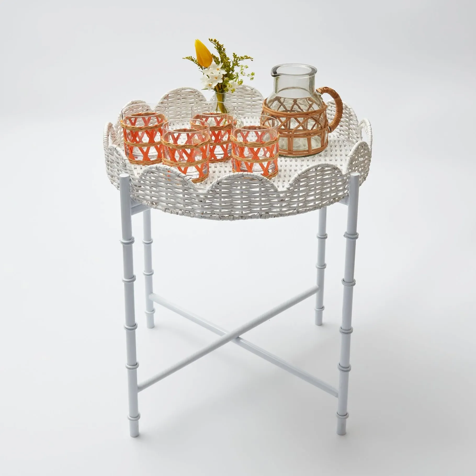 Mrs. Alice Rattan Furniture|White Rattan Round Scalloped Tray With Stand