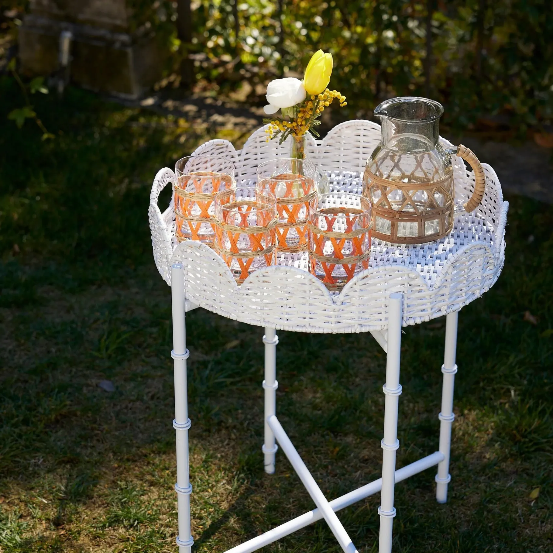 Mrs. Alice Rattan Furniture|White Rattan Round Scalloped Tray With Stand