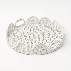 Mrs. Alice Rattan Tableware|White Round Scalloped Rattan Tray