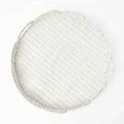 Mrs. Alice Rattan Tableware|White Round Scalloped Rattan Tray