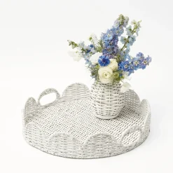 Mrs. Alice Rattan Tableware|White Round Scalloped Rattan Tray