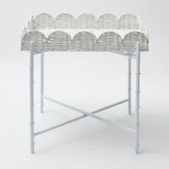Mrs. Alice Rattan Furniture|White Scalloped Rattan Tray With Stand