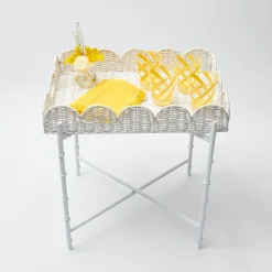 Mrs. Alice Rattan Furniture|White Scalloped Rattan Tray With Stand