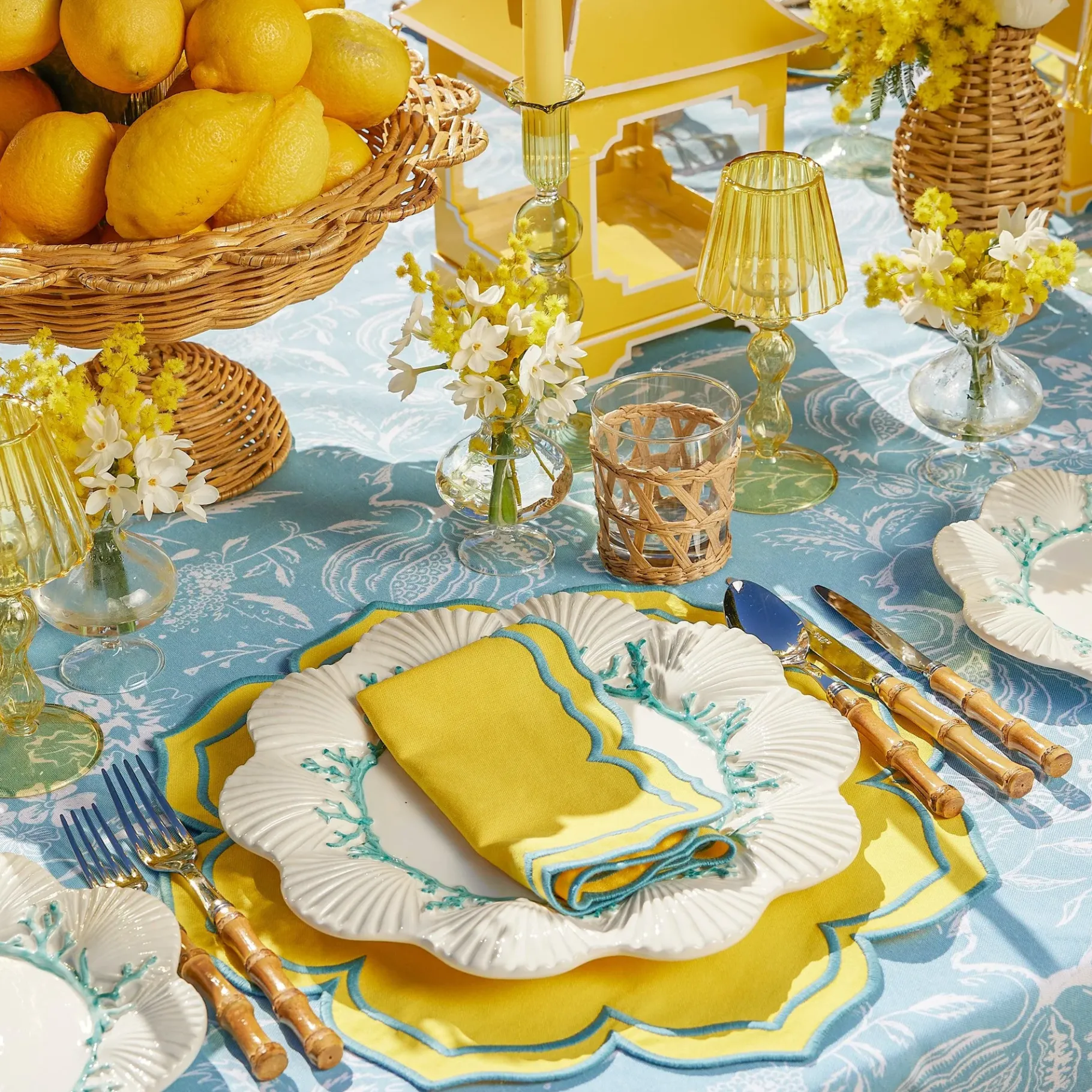 Mrs. Alice Pagodas & Lanterns|Yellow Glass Lantern Tea Light Holder (Pair) - 18Cm