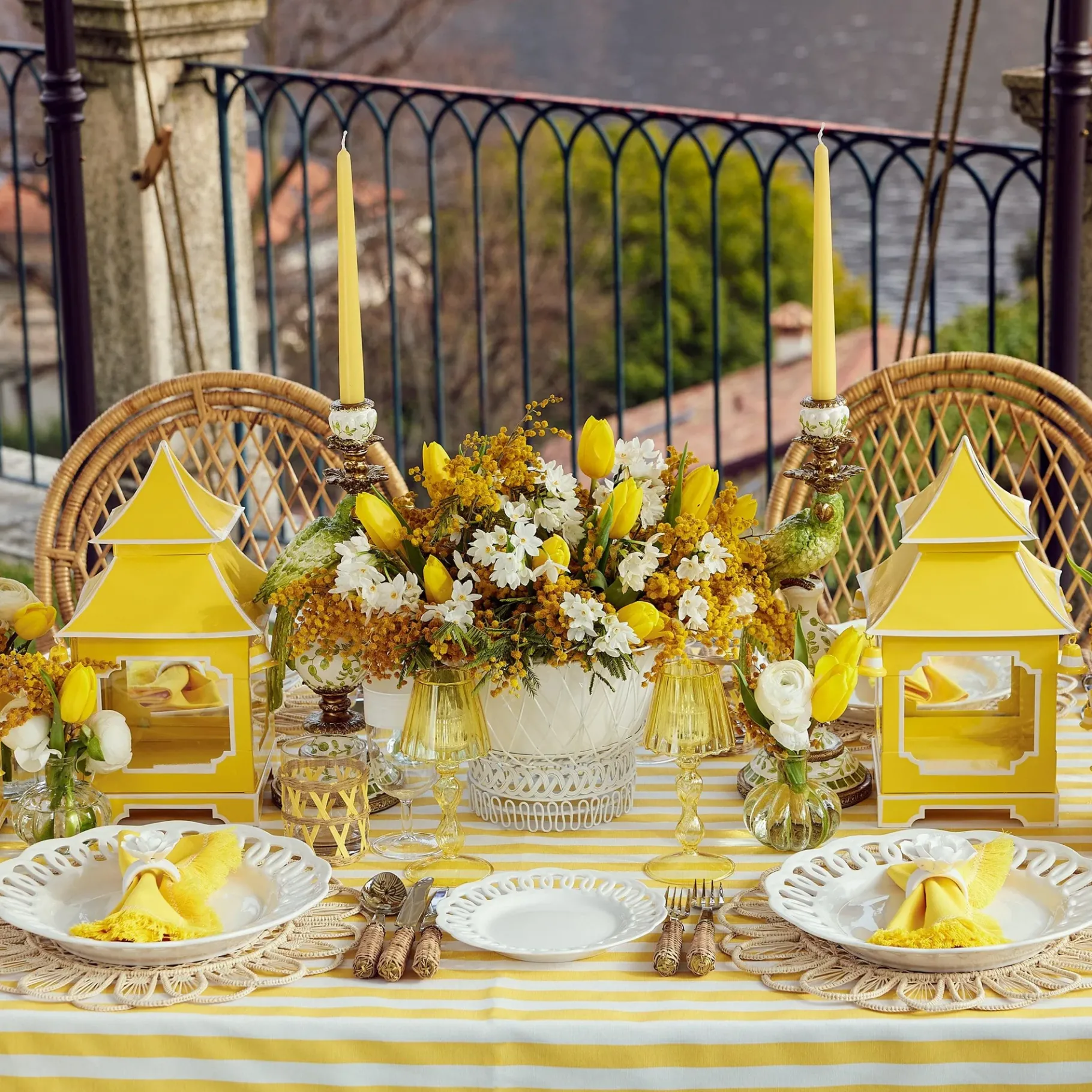 Mrs. Alice Pagodas & Lanterns|Yellow Glass Lantern Tea Light Holder (Pair) - 18Cm