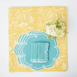 Mrs. Alice Table Linen Sets|Yellow Melograno & Fleur Turquoise Linen Set